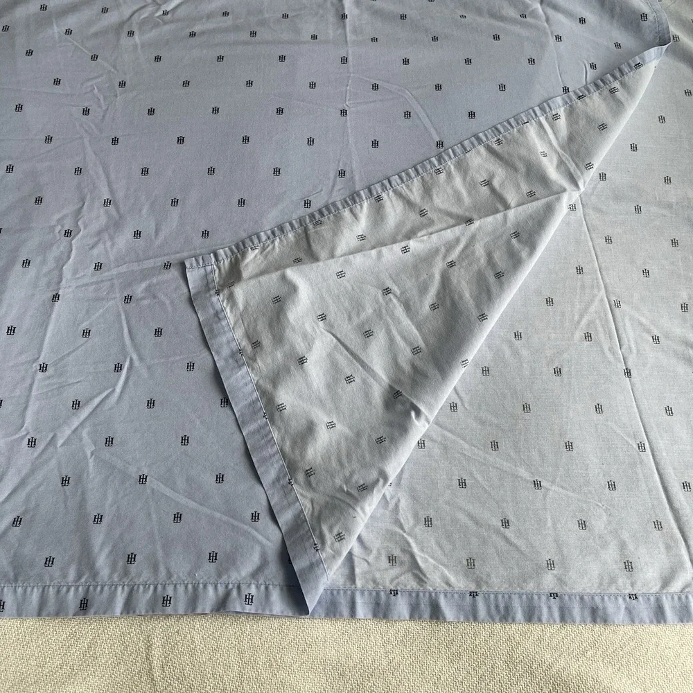 TOMMY HILFIGER TH LOGO INITIALS Blue Classic FULL Flat Flat Sheet Cotton Blend‎